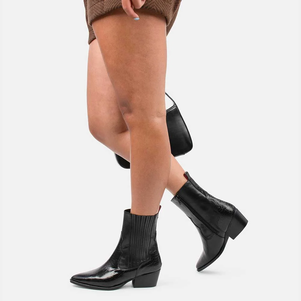 Black Croc Embossed Pointed Toe Chelsea Ankle Boots with Zipper