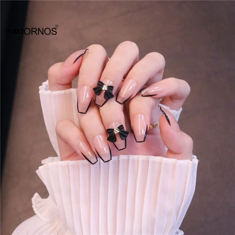 24pcs French Tip Nails Bow Wear Short Paragraph Fashion Manicure Patch False Nails Save Time Wearable Nail Patch Ty