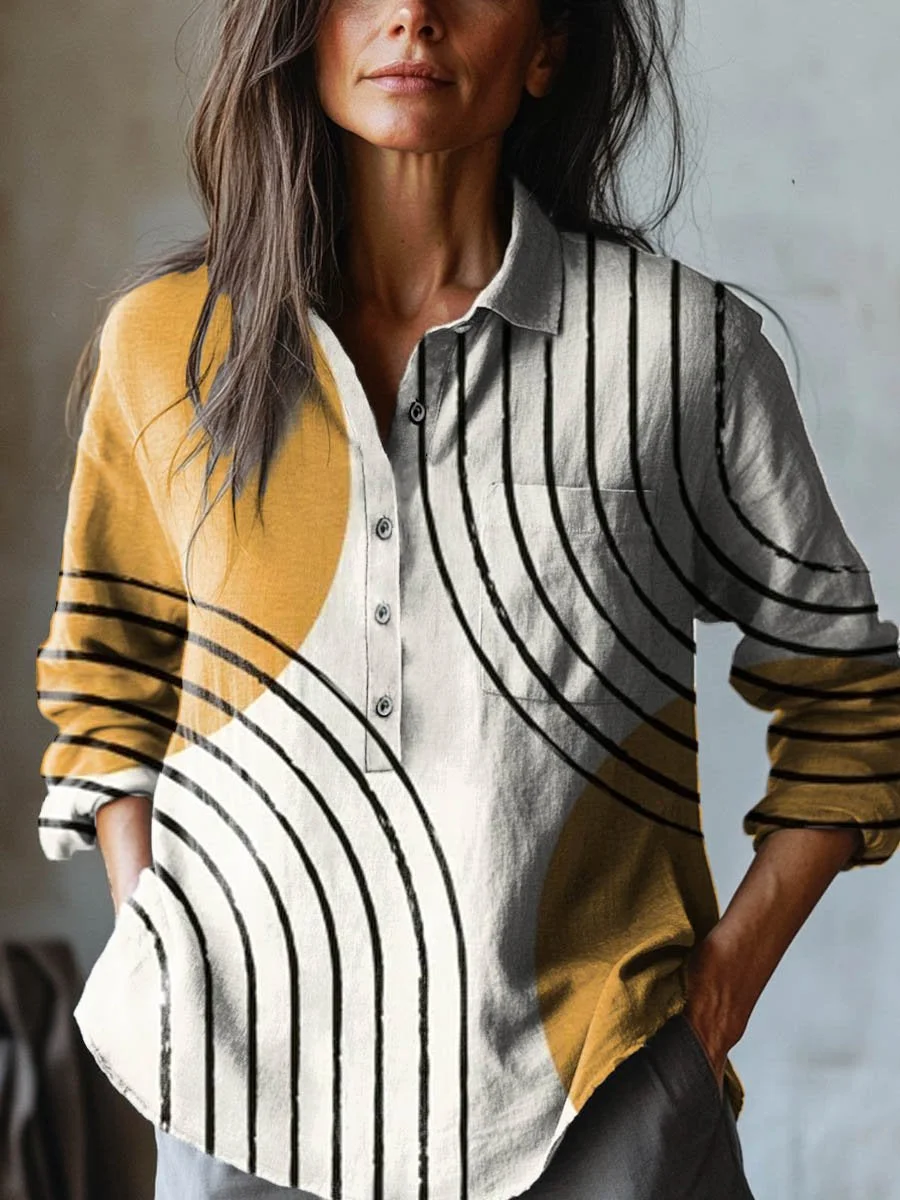Women's Abstract Geometric Line Pattern Art Print Casual Cotton And Linen Shirt