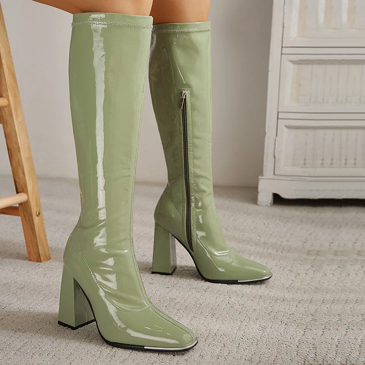 Striking Square Toe Patent Leather Block Heel Knee High Boots-Black Radinnoo.com