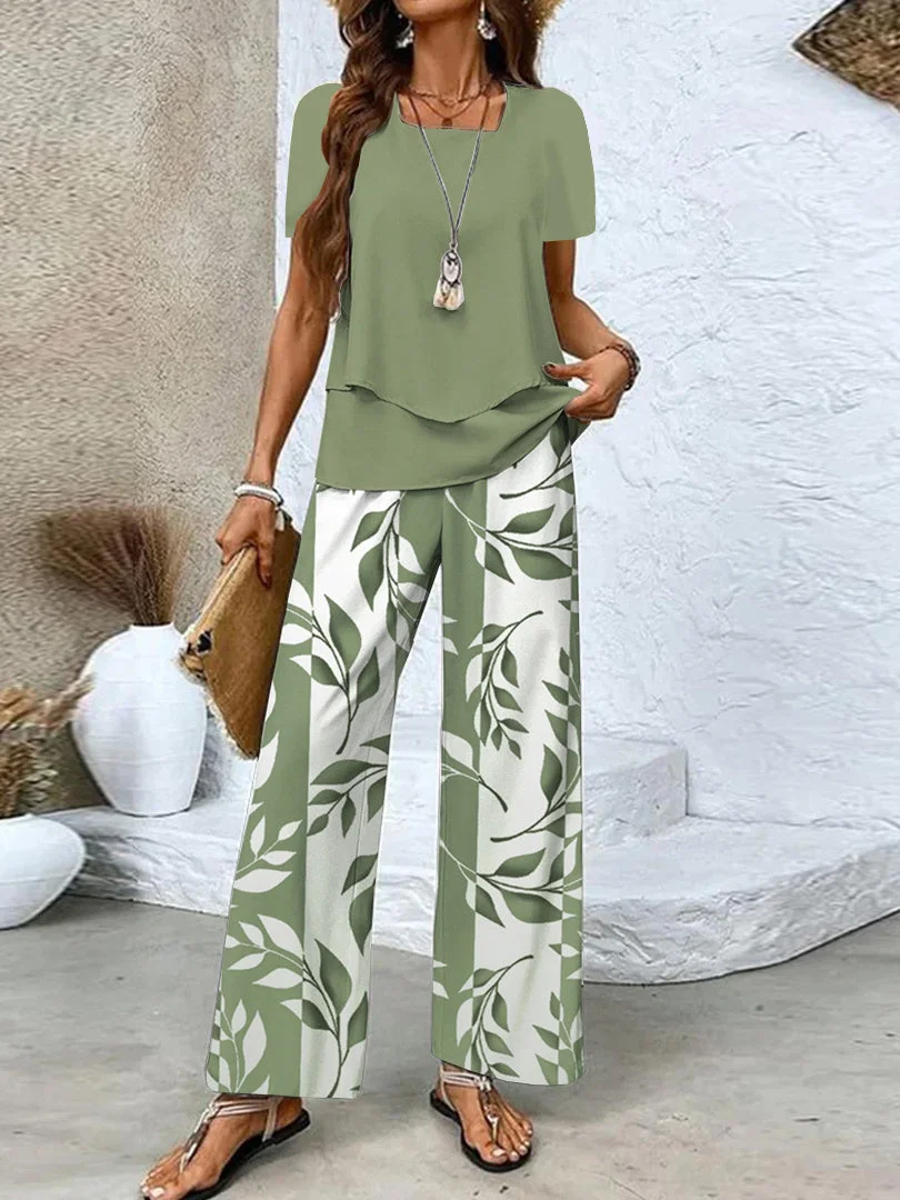 Women's Short Sleeve Square Collar Floral Printed Casual Set