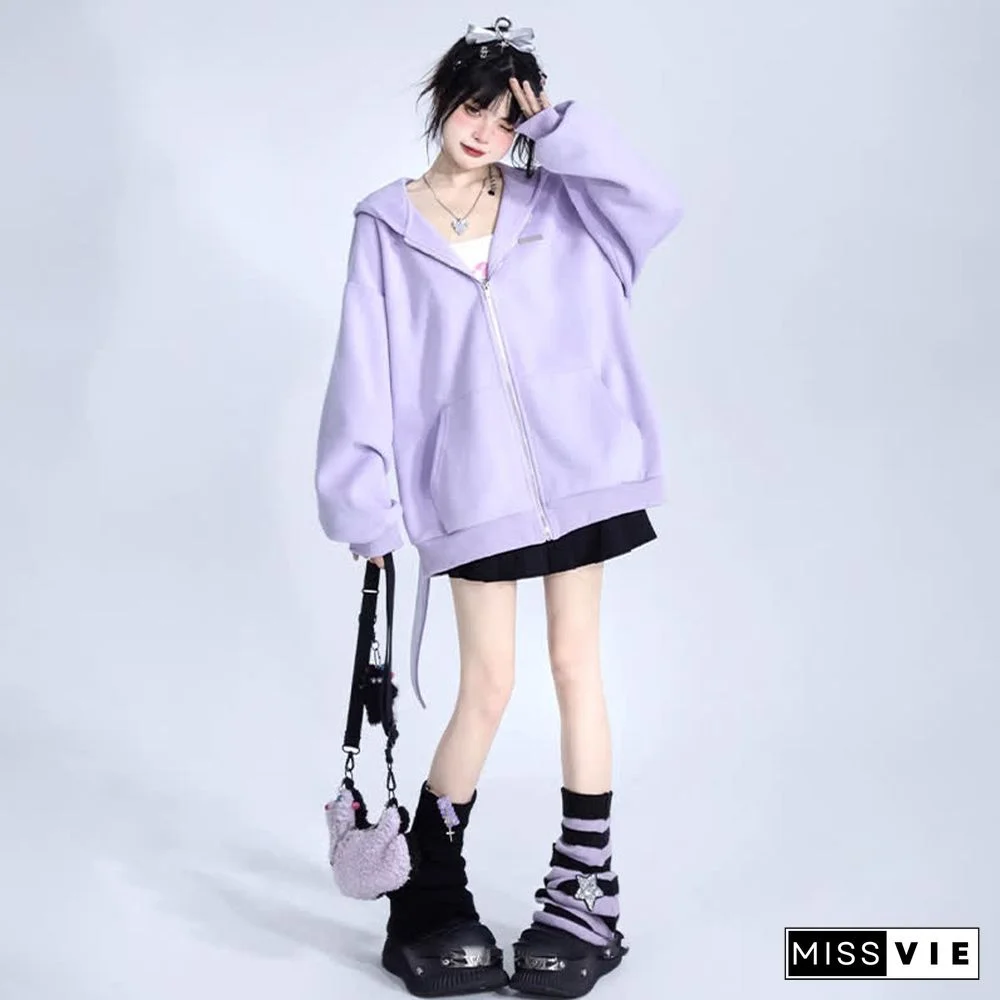 Long Bunny Ears Pocket Oversize Zipper Hooded Sweatshirt