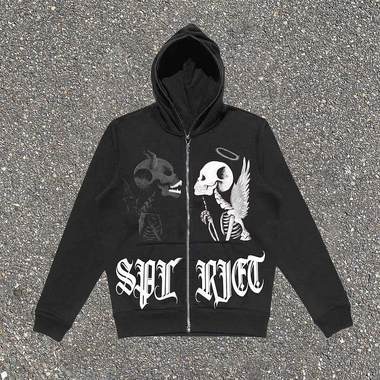 Hip Hop Goth Black White Skull Print Street Hoodie at Hiphopee