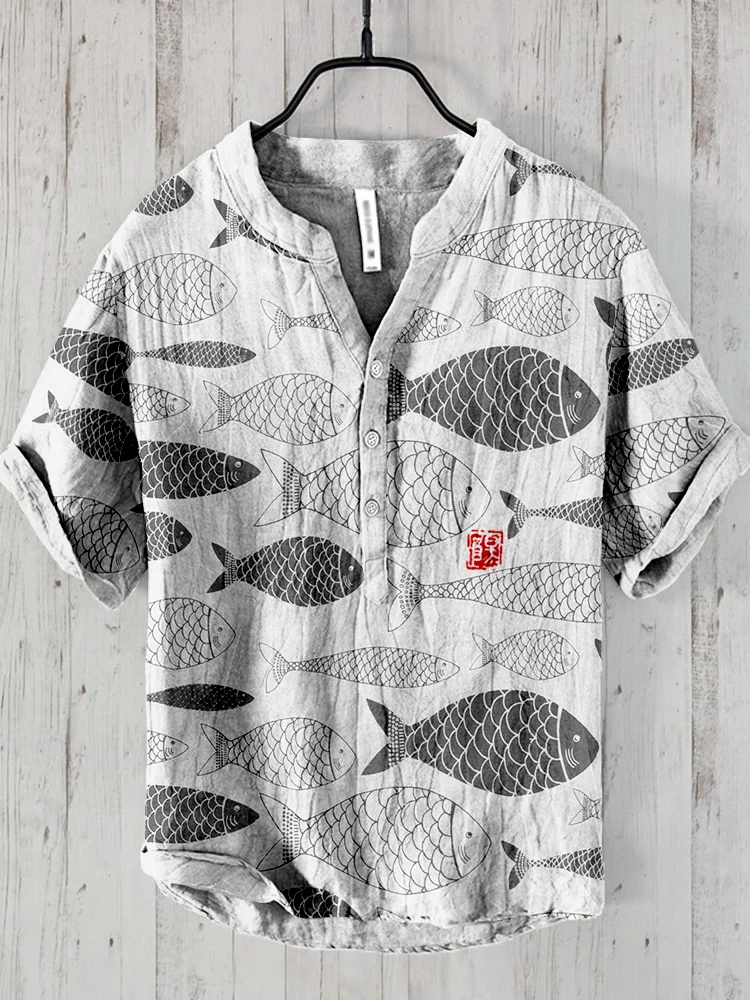 Vintage Fish Japanese Art Linen Blend Shirt