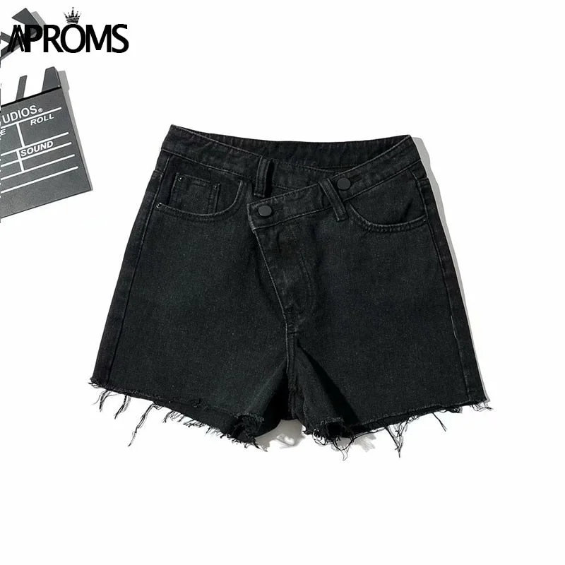 Aproms Vintage Tassel Blue Denim Shorts Women Casual High Waist Bottoms 2022 Summer Streetwear Fashion Solid Color Jeans Shorts