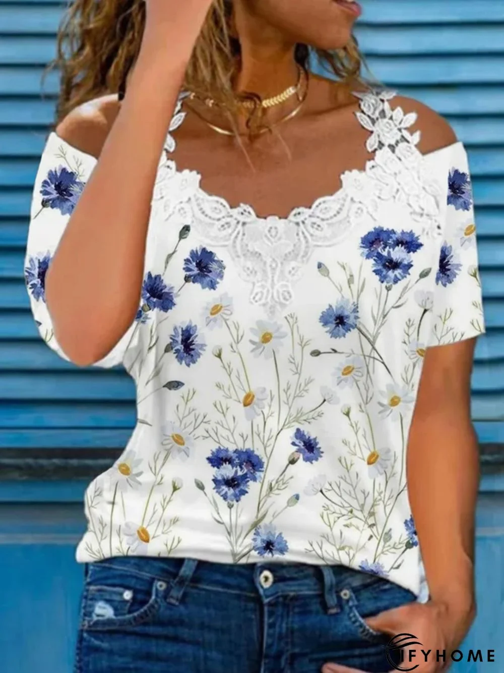 Casual Floral Short Sleeve V Neck Printed Top T-shirt | IFYHOME