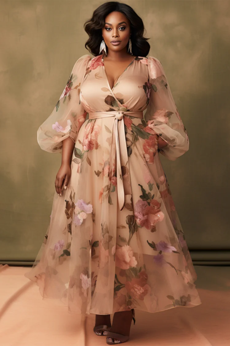 Xpluswear Design Plus Size Wedding Guest Champagne Elegant Floral Wrap Neck Lantern Sleeve 3/4 Sleeve Pocket Tulle Maxi Dresses [Pre-Order] 2024 - Xpluswear