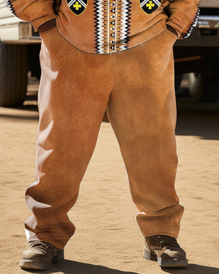 Men's  Plus Size Ethnic Style Diamond Brown Hoodie Two Piece Set