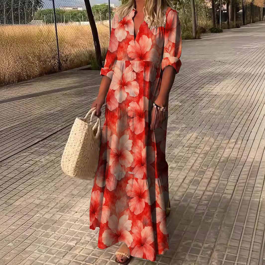 Women Floral, Pink, Red,Hot DZDN0072 SPU Printed Long Sleeve V-neck Maxi Dress