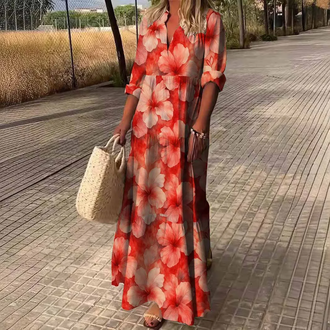 Women Floral, Pink, Red,Hot DZDN0072 SPU Printed Long Sleeve V-neck Maxi Dress