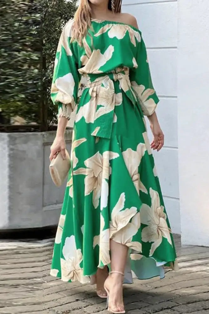 Ingvn - Elegant Floral With Bow Oblique Collar Irregular Dress Dresses Green / S Dresses/Floral