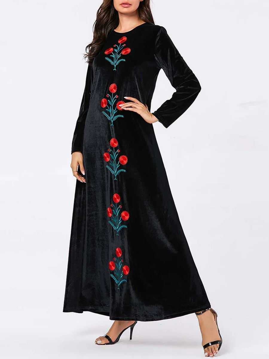 Casual velvet dress with plant embroidery