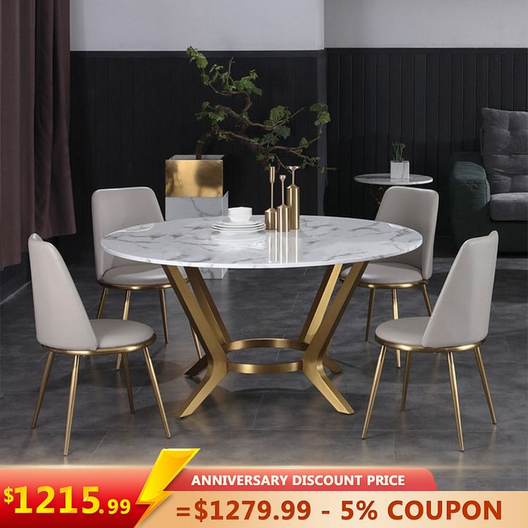 Homemys Modern Round White Marble Dining Table Golden Stainless Steel Frame