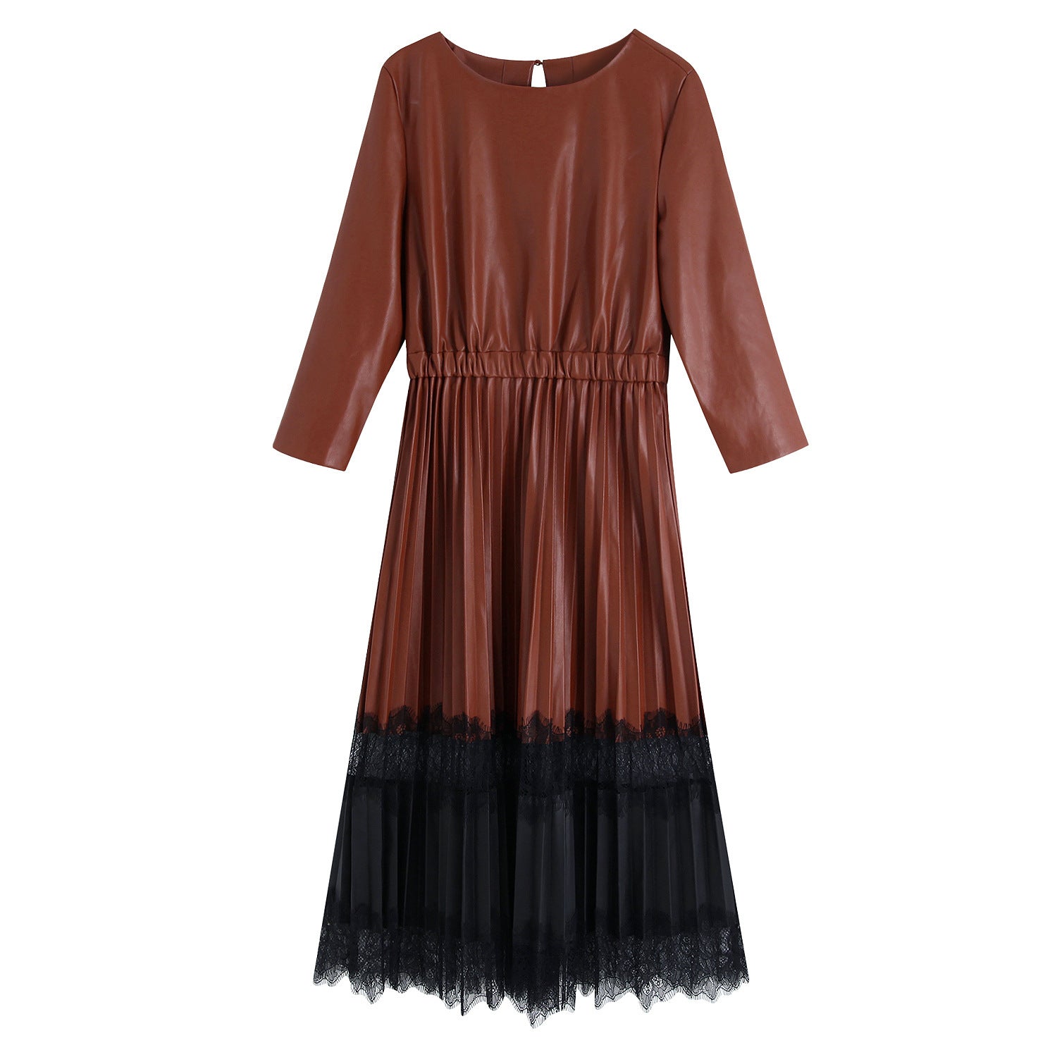 Korean Women Clothing Autumn Winter Crew Neck Stitching Faux Leather Mid Length Dress