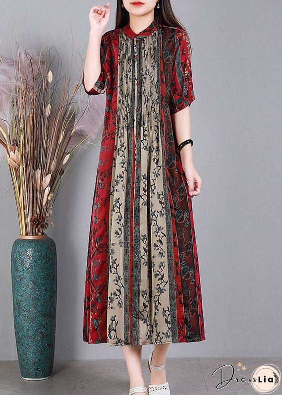 Loose Black O-Neck Print Patchwork Wrinkled Silk Party Dress Short Sleeve