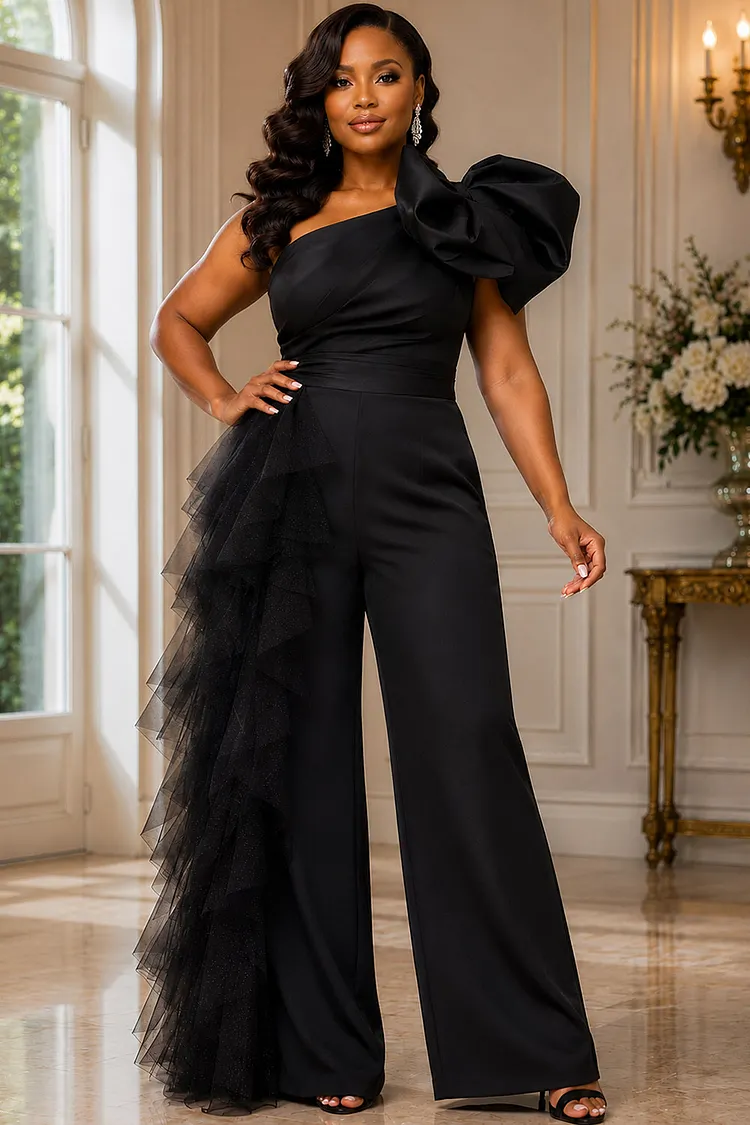 Xpluswear Design Plus Size Cocktail Party Tulle Black One Shoulder Bow Tie Contrast Satin Jumpsuits [Pre-Order] 2024 - Xpluswear