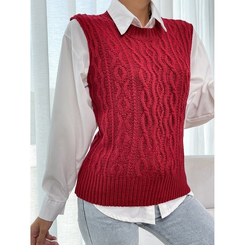 Red Knitted Pullover Swearer Vest Women Wool Sleeveless Women Vests Autumn Wintrer 2021 Vintage Twist O Neck Vest Sweaters 17904