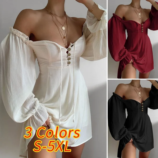 Plus Size Women Vintage Streetwear Long Puff Sleeve Off Shoulder Straight Collar Solid Color Buttons Drawstring Short Dress