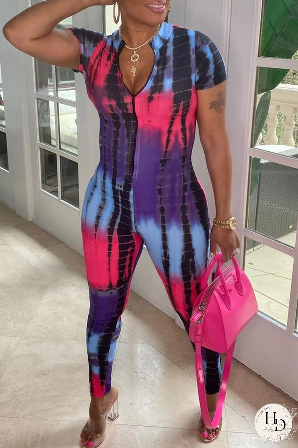 Purple Fashion Casual Print Basic Zipper Collar Regular Jumpsuits