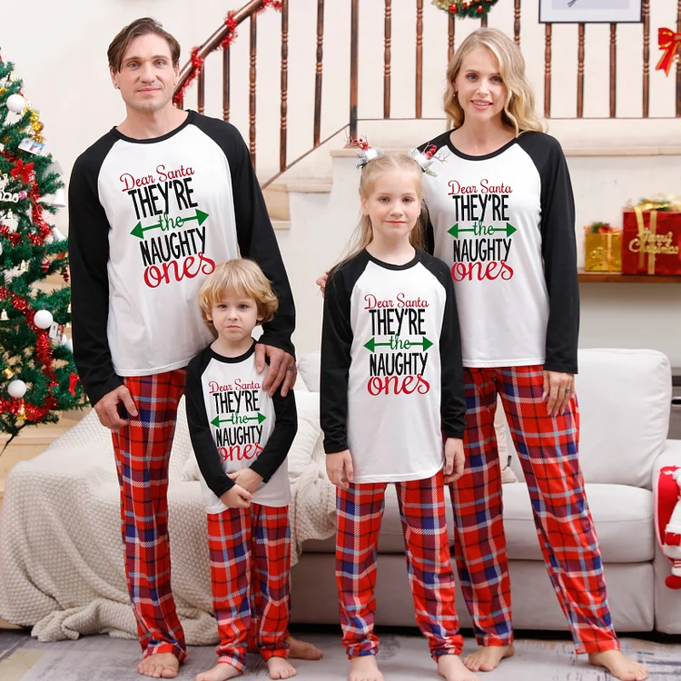 'Dear Santa They're the Naughty Ones' Red Black Plaid Family Matching Pajamas Sets