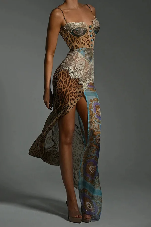 Chiffon Leopard Print Sexy Lace Splicing High Slit Slim Maxi Dress