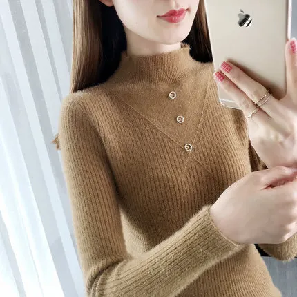 Uveng Uveng And Winter Half High Collar Button Thick New Foreign Style Jacket Sweater Imitation Mink Wool Coat Female Bottom Shirt