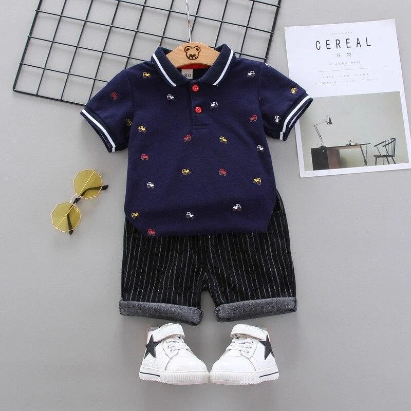 Toddler Clothes for 1 2 3 4 Y Boys Summer Short-sleeved Suit Printed T-shirt + Black Striped Breechcloth 2 Pcs Children Outfits