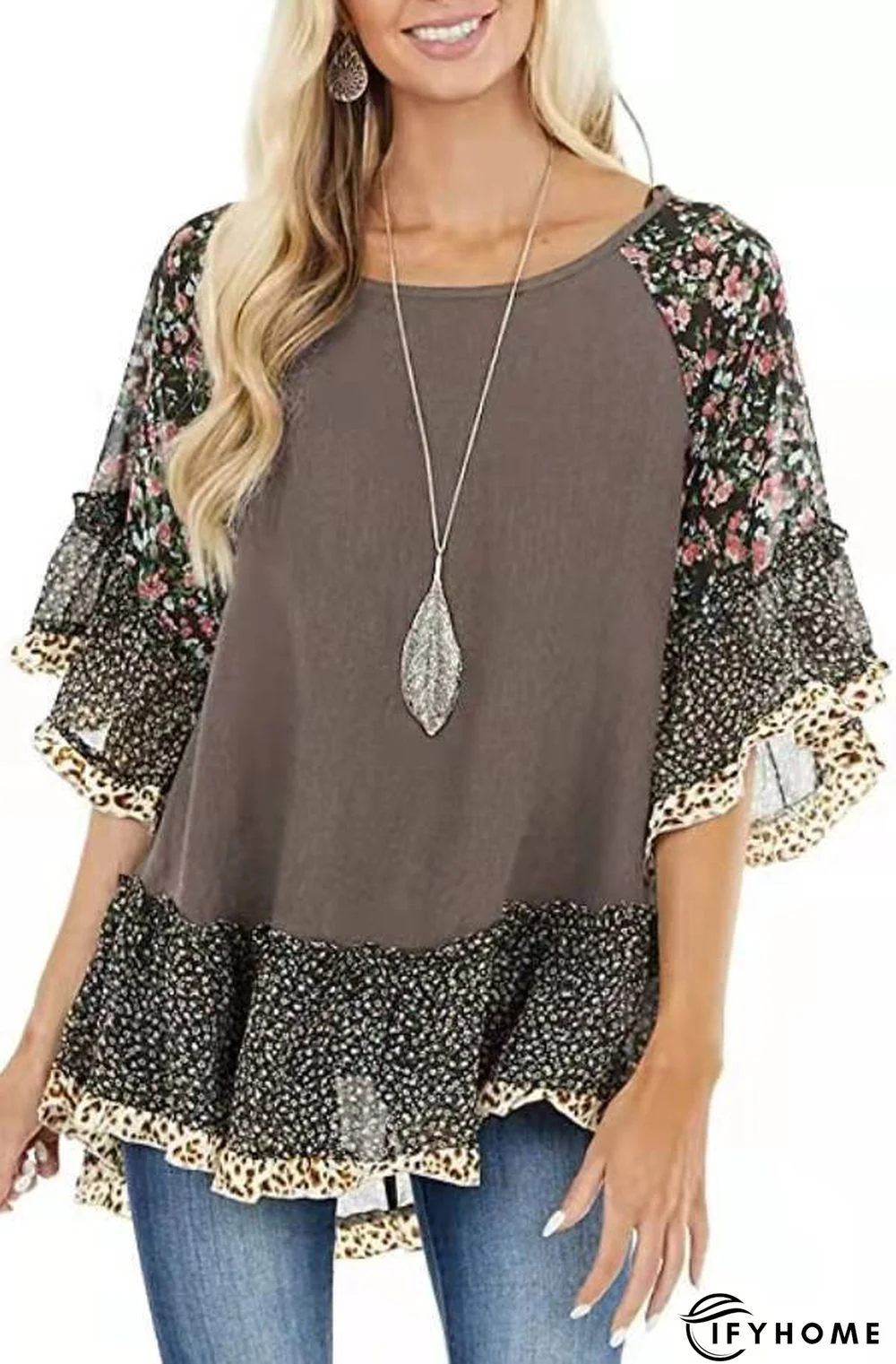 Paisley Short Sleeve Printed Cotton-blend Crew Neck Vintage Summer Deep Gray Top | IFYHOME