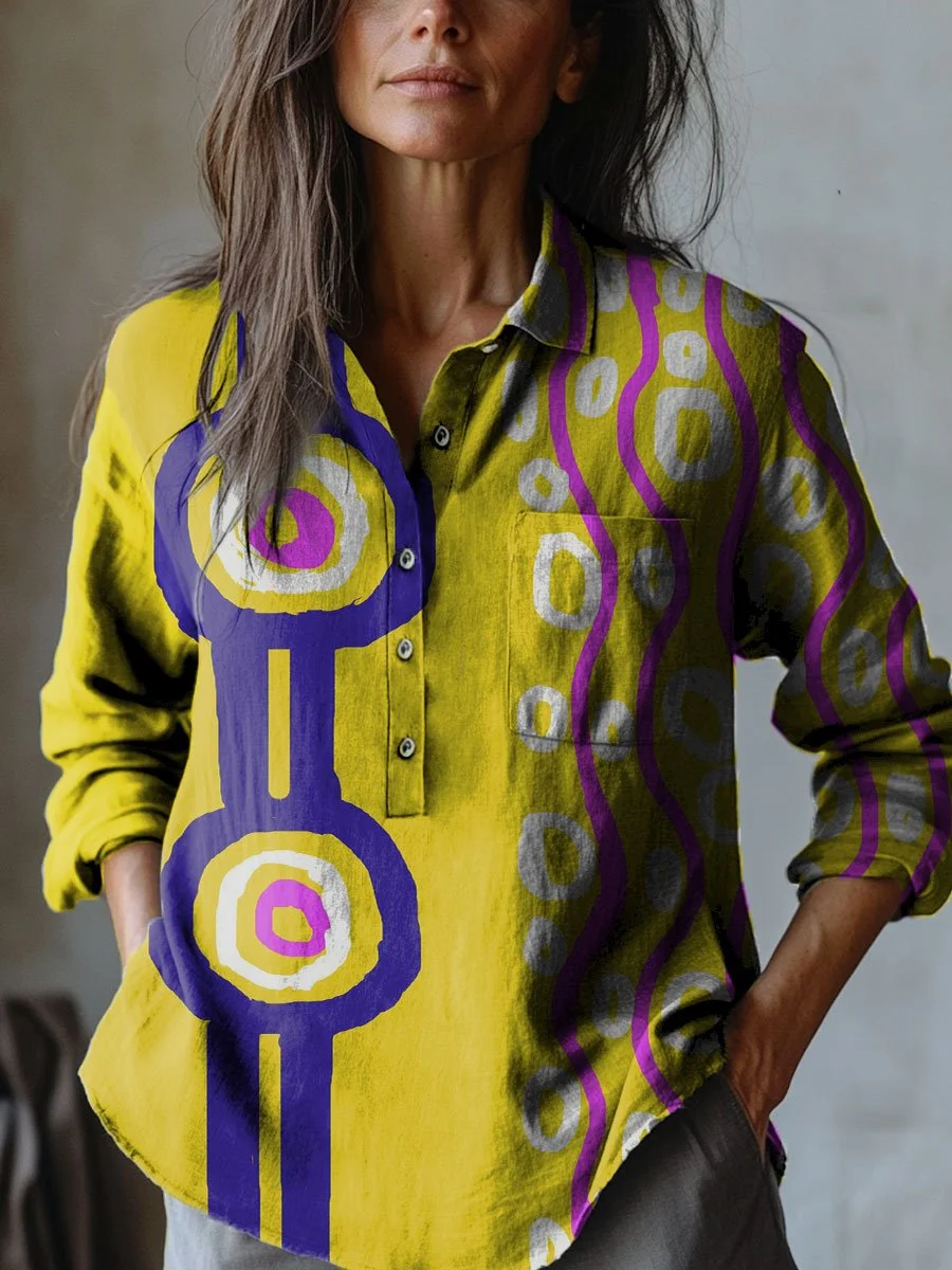 Women's Abstract Geometric Wave Art Print Casual Cotton And Linen Shirt