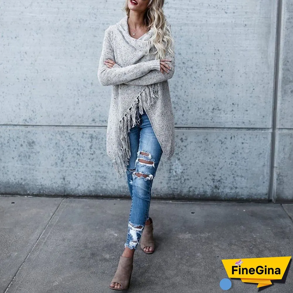 Fashion Women's Speckled Shawl Fringe Cardigan Knited Tassels Slash Sweater Coat Outwear