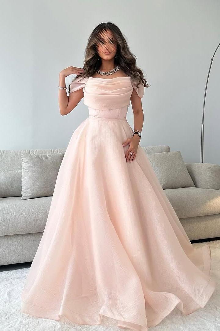 Oknass Charming Off the Shoulder Sleeveless Long Prom Dress With Pleated