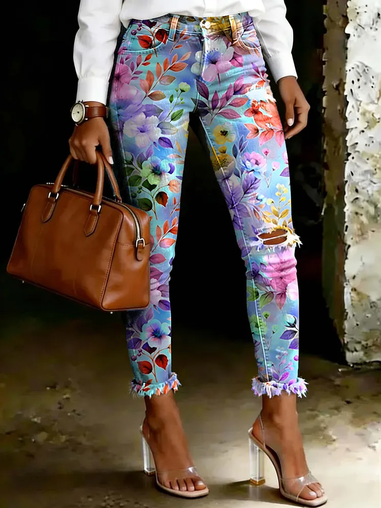 Women's Vintage Colorful Flower Print Ripped Skinny Jeans