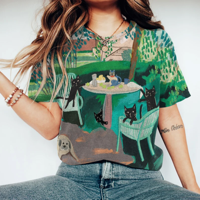 Comstylish Art Oil Painting Cat Print Round Neck Short Sleeve T-Shirt