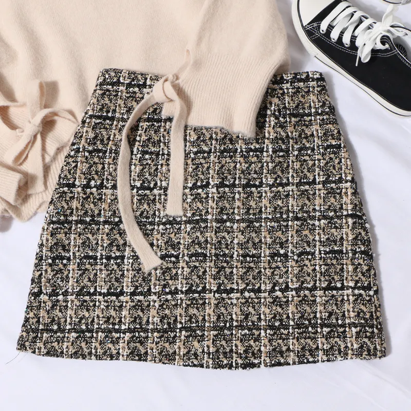 Uveng Small Scented Coarse Flowers, Lattice Half-Dress Woman 2022 Autumn And Winter New High-Waisted Thin Ass A-Word Skirt 8920