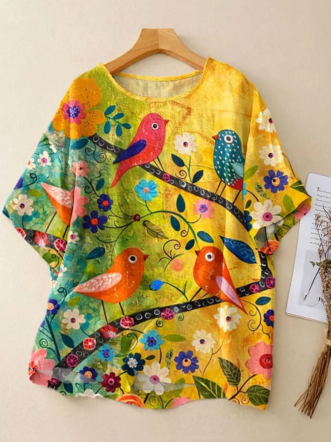 Women'S Retro Flowers and Birds Art Print Casual  Crew Neck Shirt 