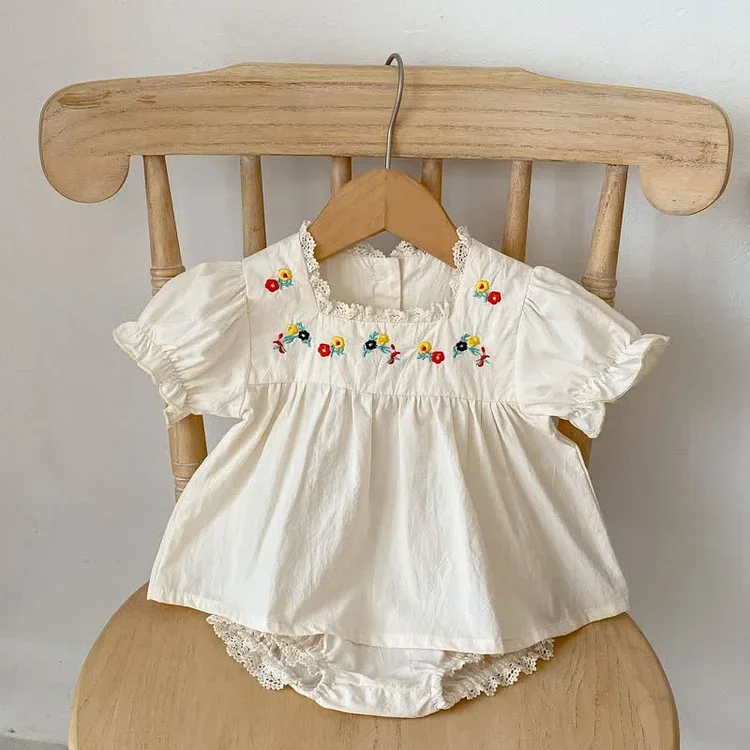 Baby Embroidered Flower Vintage Blouse and Bloomers Set