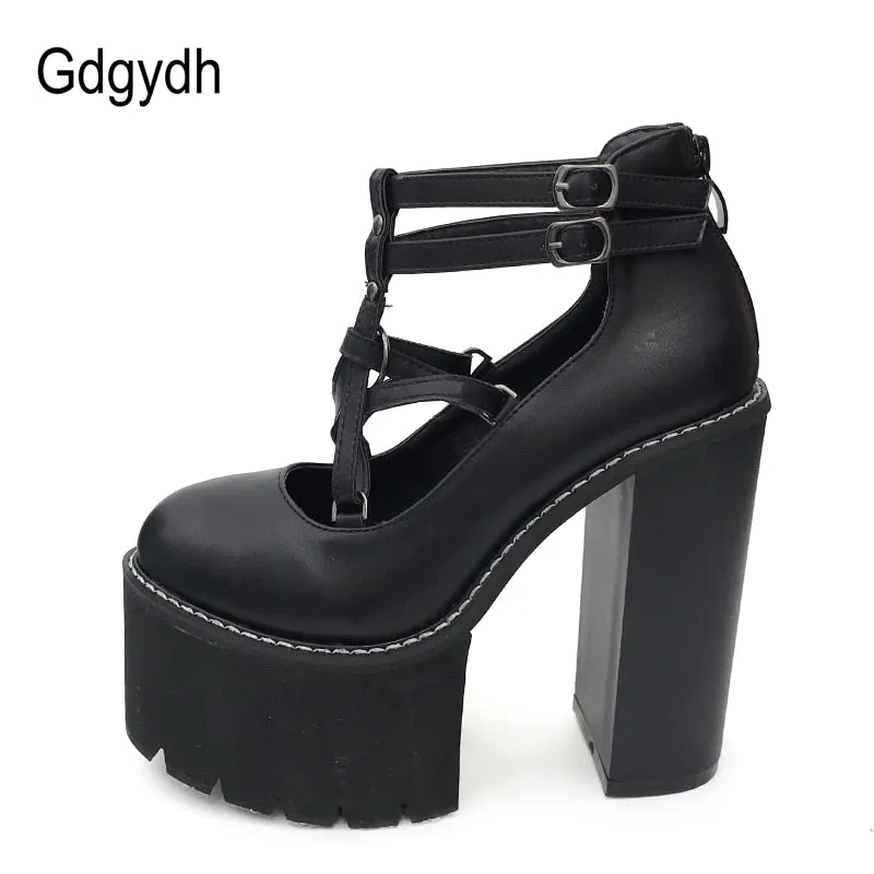 Gdgydh 2021 Fashion Women Pumps High Heels Zipper Rubber Sole Black Platform Shoes Spring Autumn Leather Shoes Female Promotion