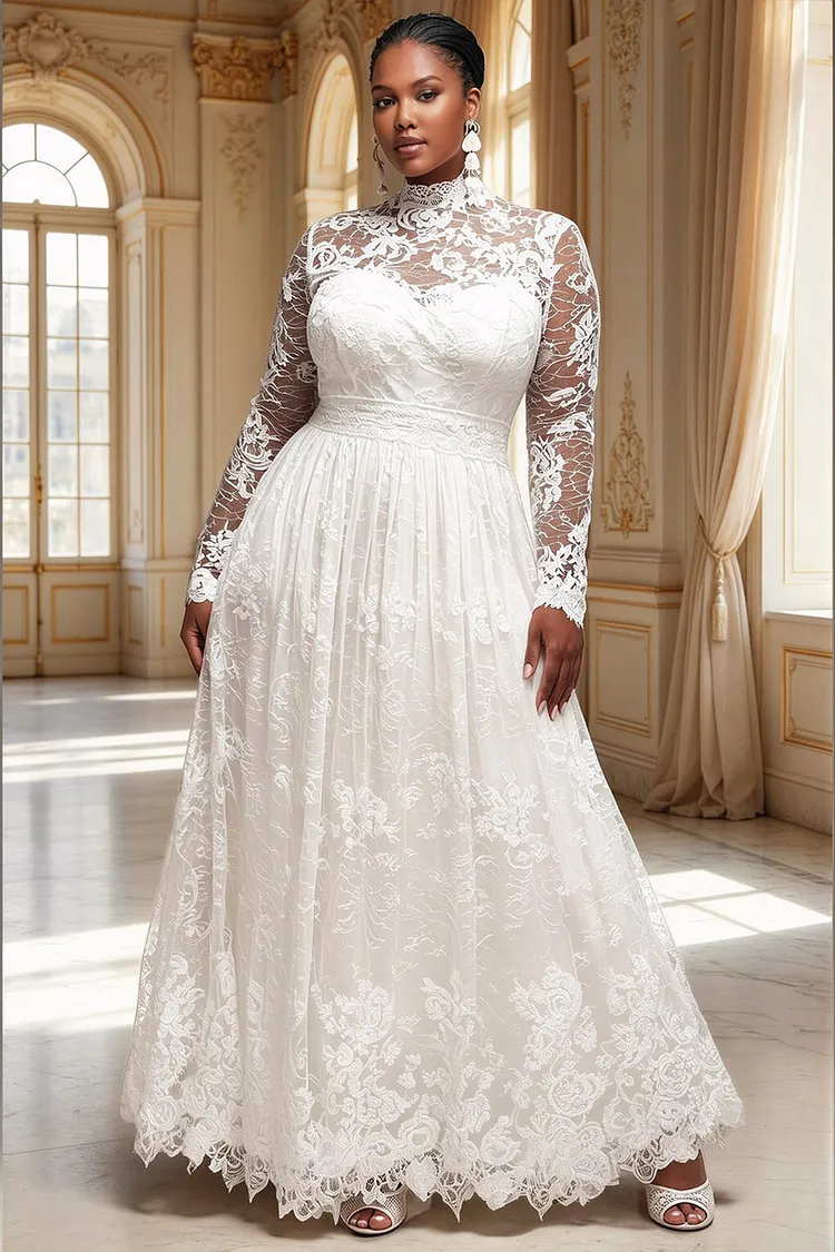 Xpluswear Design Plus Size Wedding White Mock Neck Long Sleeve See Through Lace Maxi Dresses [Pre-Order] 2024 - Xpluswear