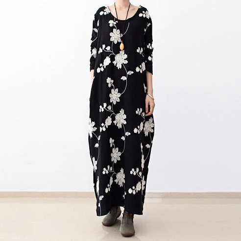 Black embroidered cotton dresses 2025 fall caftans long cotton maxi dresses