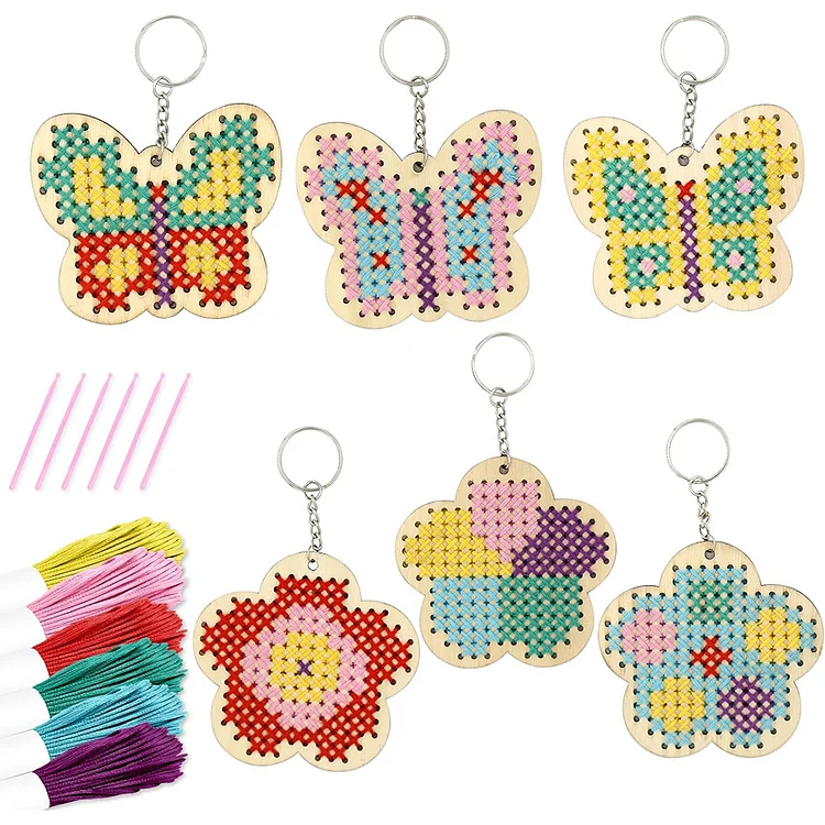6Pcs DIY Wood Cross Stitch Bookmark Keyring Kit Butterfly & Flower Arts & Crafts