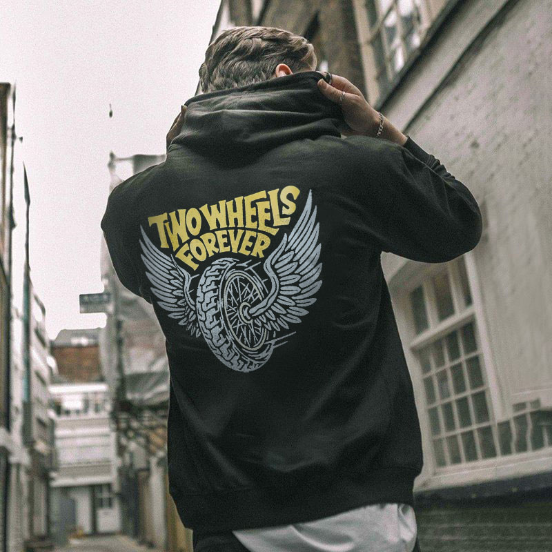 TWO WHEELS FOREVER Wings Letter Graphic Black Print Hoodie
