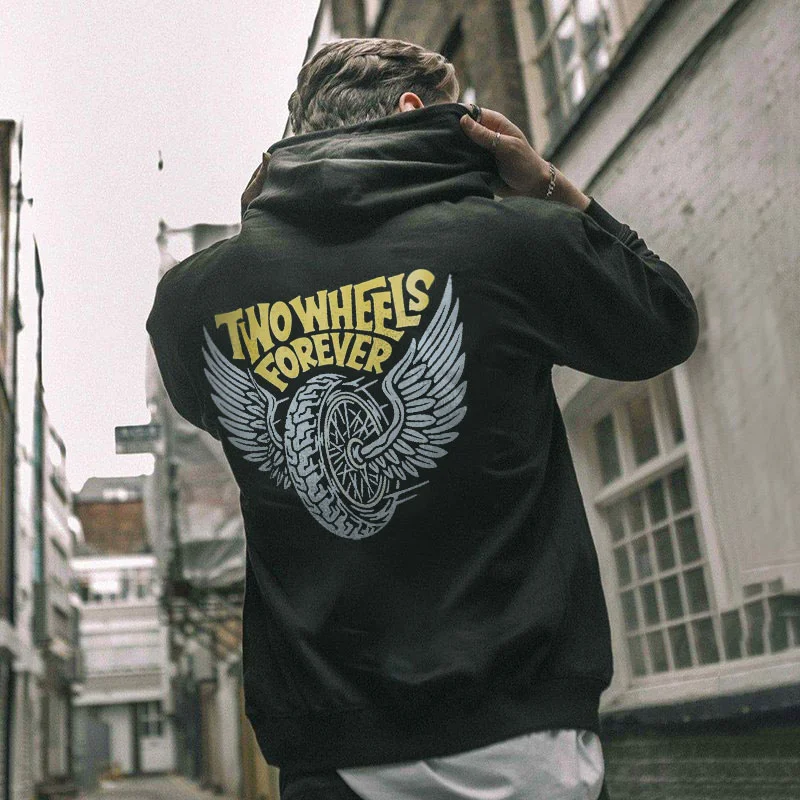 TWO WHEELS FOREVER Wings Letter Graphic Black Print Hoodie