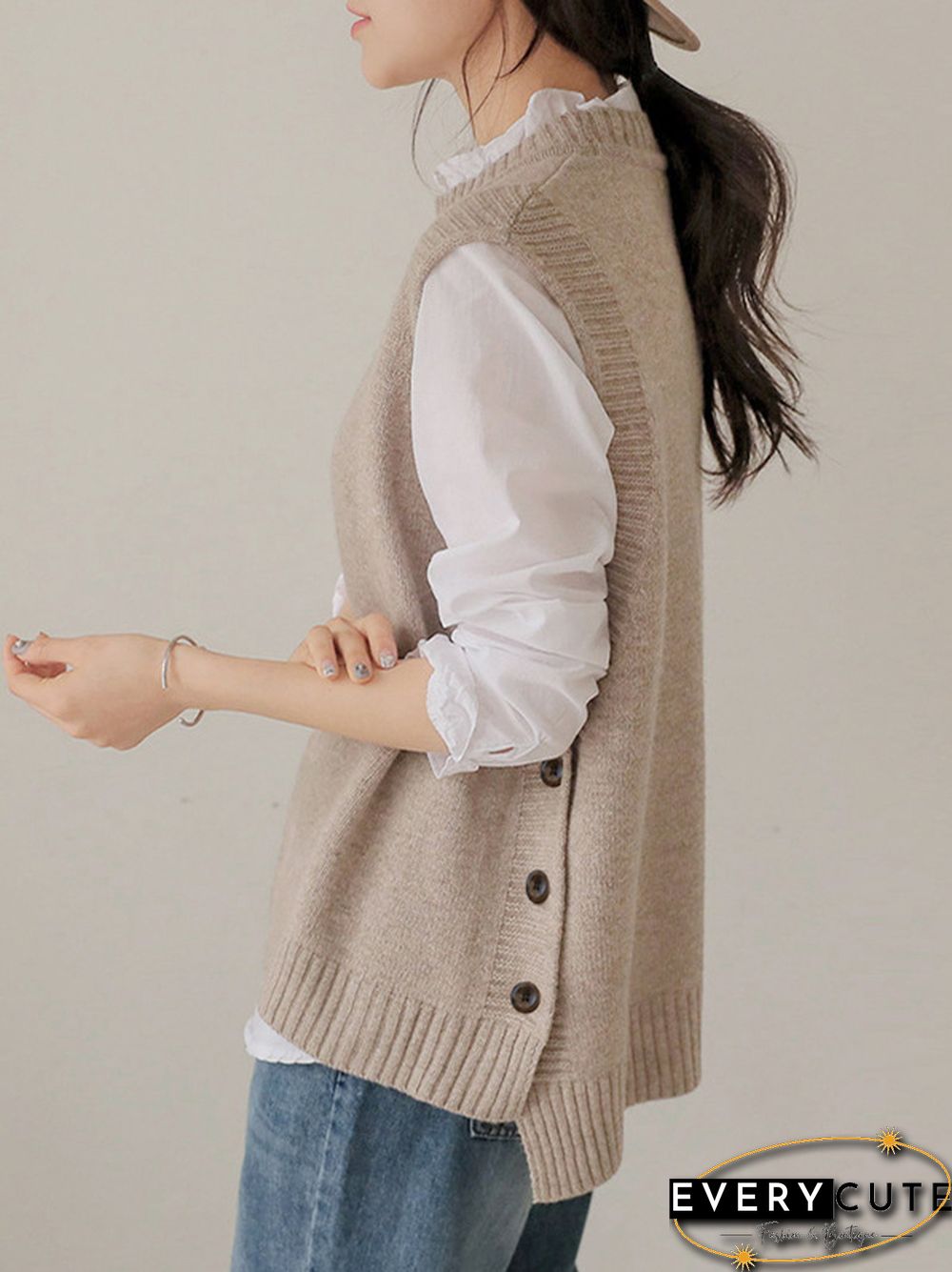 Simple Sleeveless Loose Buttoned Solid Color Round-Neck Sweater Vest Outerwear
