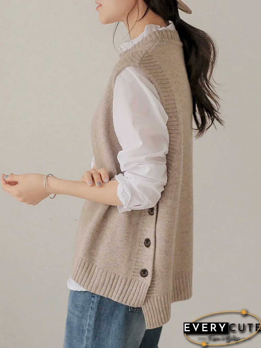 Simple Sleeveless Loose Buttoned Solid Color Round-Neck Sweater Vest Outerwear