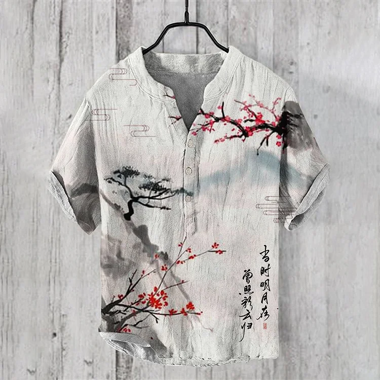Men'S Ink Landscape Painting Cotton And Linen Shirt
