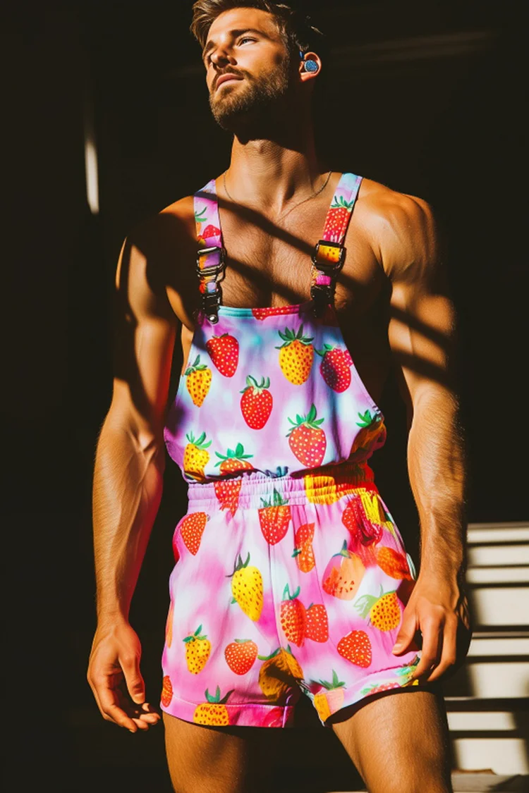 Men's Strawberry Pattern Print Elastic Waist Pink Shorts Overalls [Pre-Order]