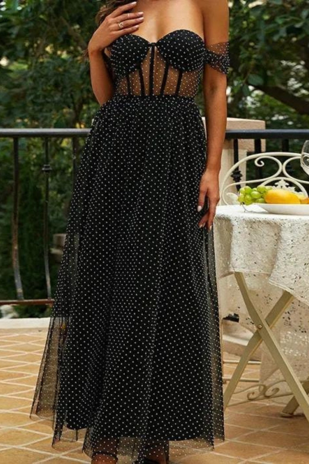 Beyprern Women's Fashion Black Tube Top Mesh Polka Dot Party Temperament Dress