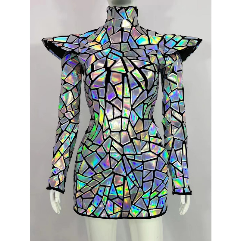 VCSHOES Glitter Silver Laser Mirror Sequins Short Dress Bar Nightclub Women Singer Stage Performance Costume Party Show Dance Clothes