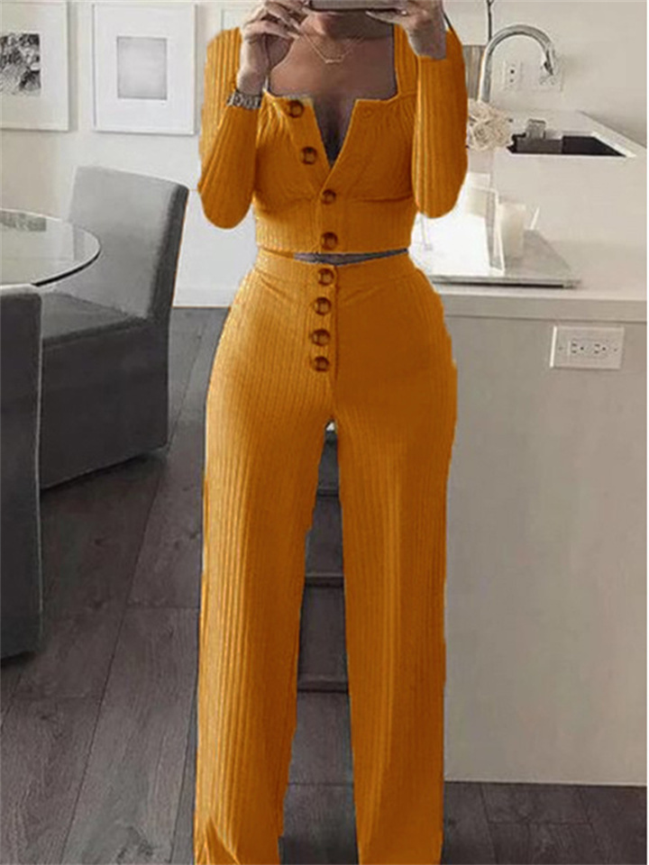 Solid Color Square Neck Women's Straight Pants Fall New Long-sleeved Splicing Ribbed Knit Cardigan Slim Button Casual Suit