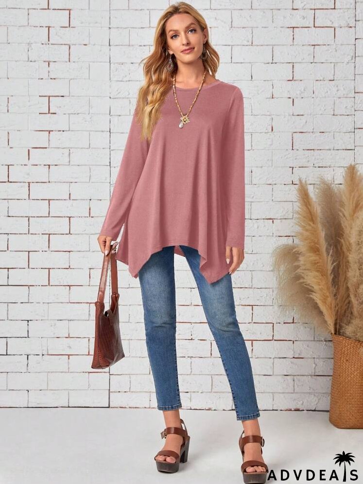 Women'sPlain Round Neck Long Sleeve Asymmetric Hem Casual T-Shirt, Spring & Summer